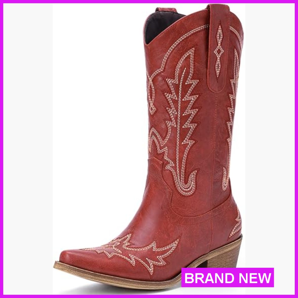 Vintage Western Cowgirl Boots Chunky Heel Pointed Toe Embroidery Pull-On